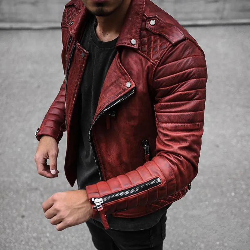 Men's black slim-fit leather biker jacket