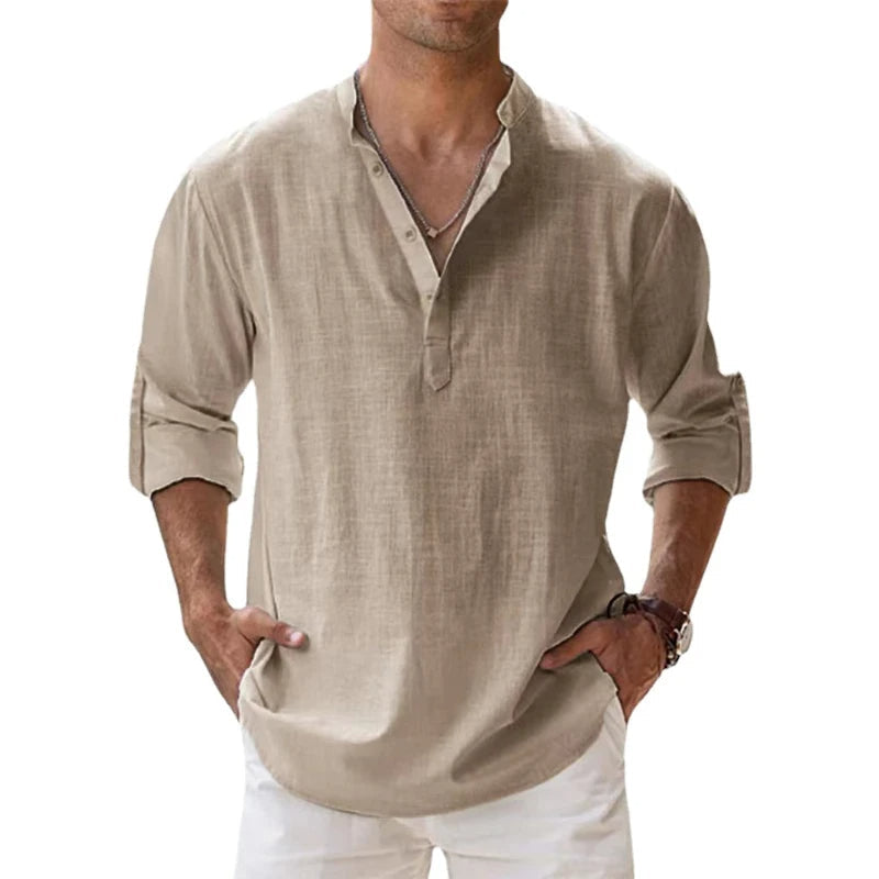 Men’s Linen Henley Shirt Relaxed Fit Summer Button Neck Top 0