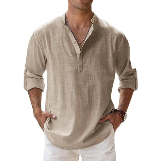 Men’s Linen Henley Shirt Relaxed Fit Summer Button Neck Top 0