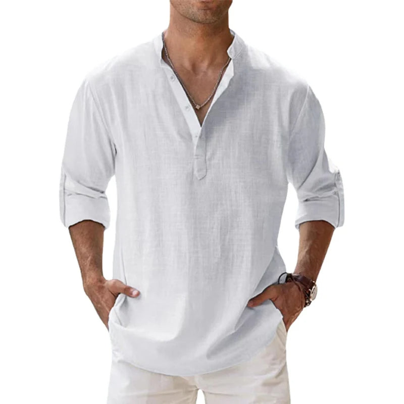 Men’s Linen Henley Shirt Relaxed Fit Summer Button Neck Top 3