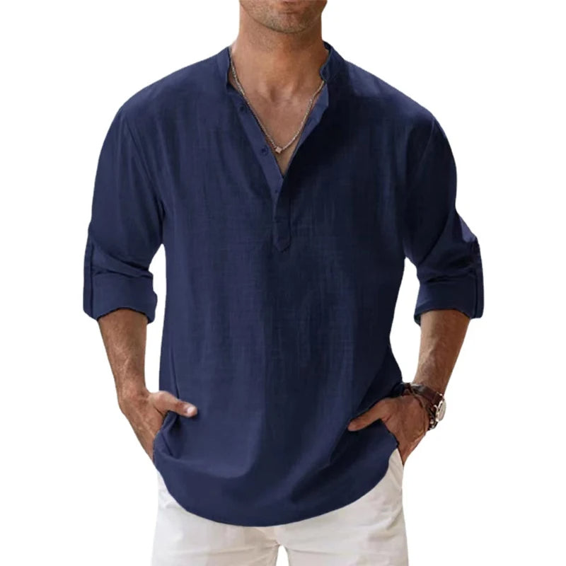 Men’s Linen Henley Shirt Relaxed Fit Summer Button Neck Top 4