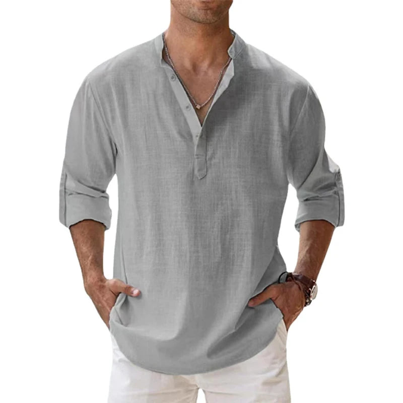 Men’s Linen Henley Shirt Relaxed Fit Summer Button Neck Top 5