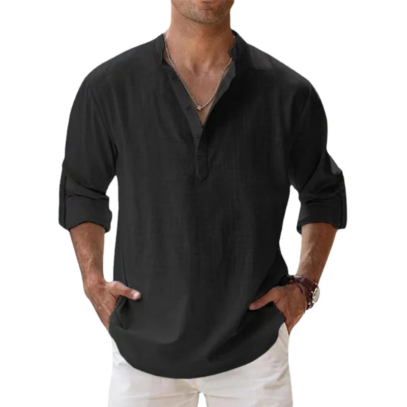 Men’s Linen Henley Shirt Relaxed Fit Summer Button Neck Top 6