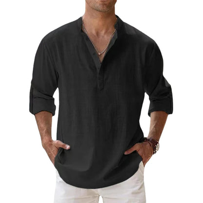 Men’s Linen Henley Shirt Relaxed Fit Summer Button Neck Top 6