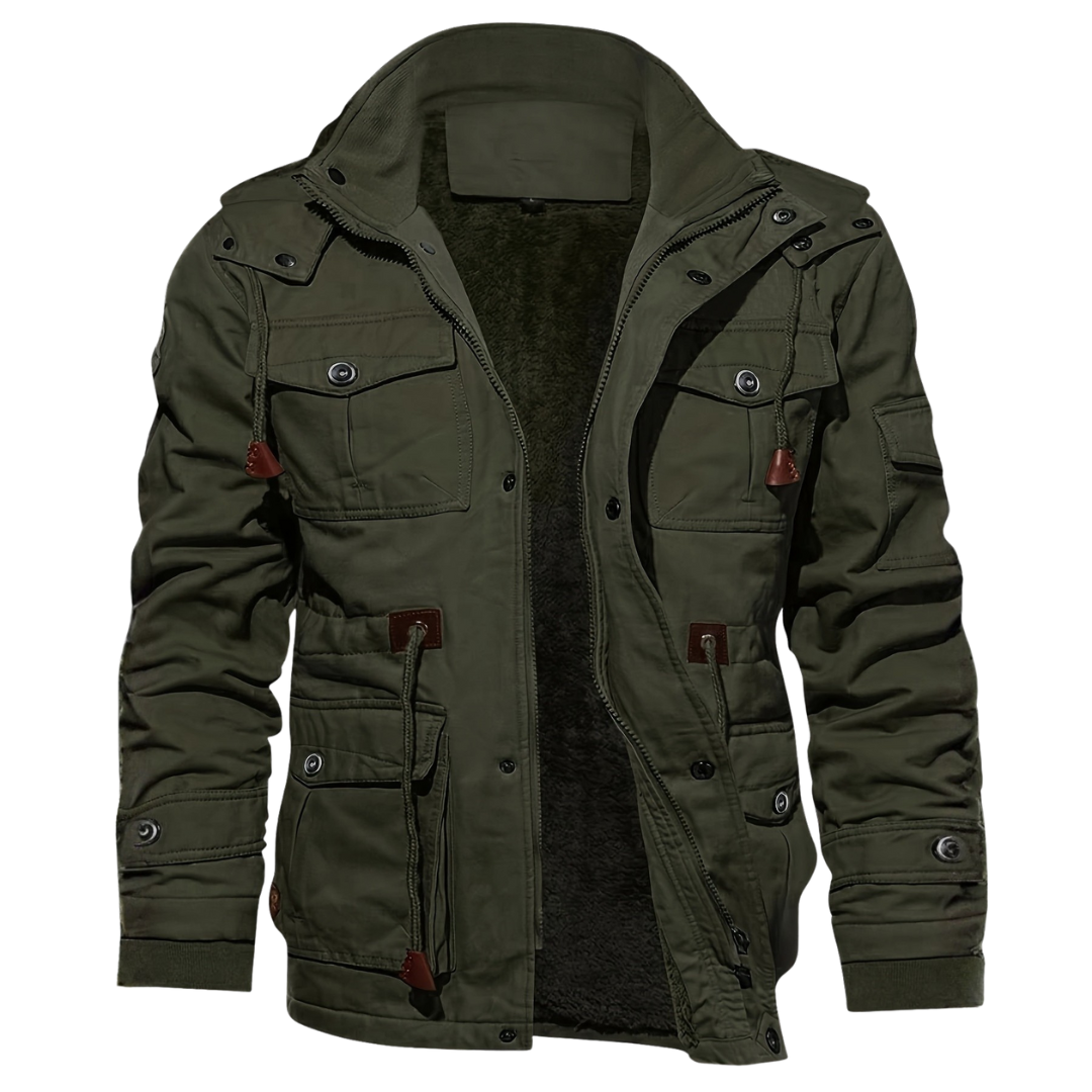 Men's multi-pocket hooded utility jacket in army green