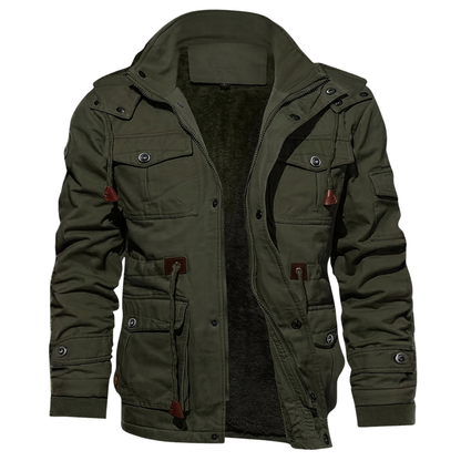 Men's multi-pocket hooded utility jacket in army green