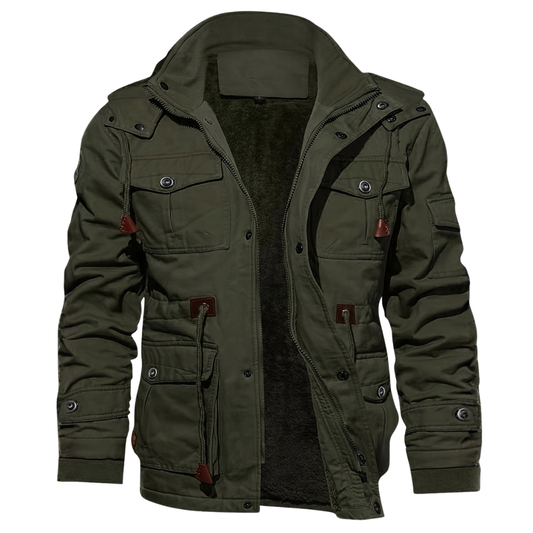 Men's multi-pocket hooded utility jacket in army green