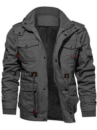 Men's multi-pocket hooded utility jacket in gray