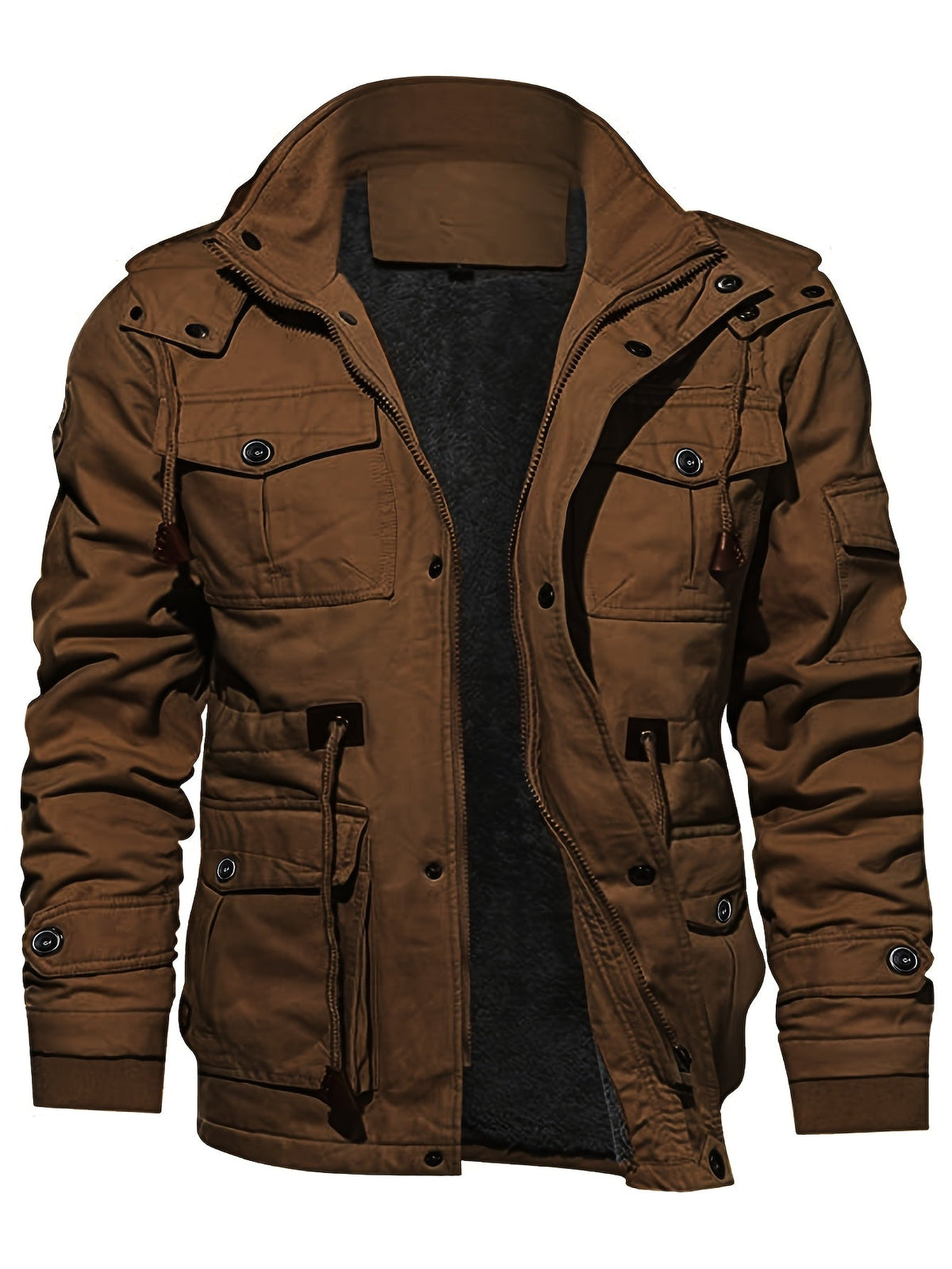 Men's multi-pocket hooded utility jacket in brown