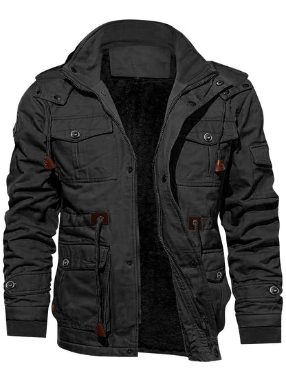 Men's multi-pocket hooded utility jacket in black