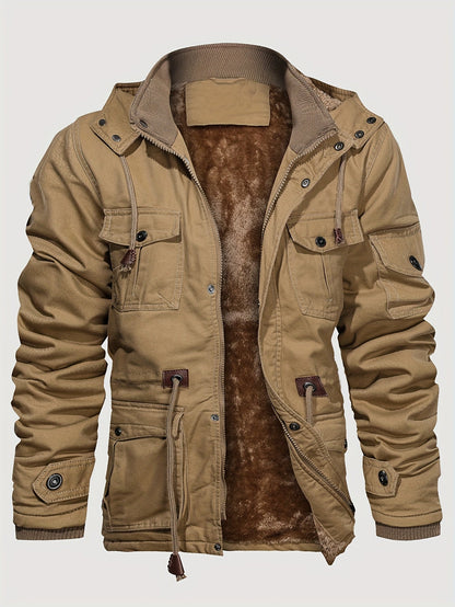 Men's multi-pocket hooded utility jacket in khaki