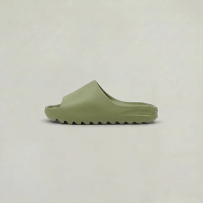 Men's green open toe slides, front view