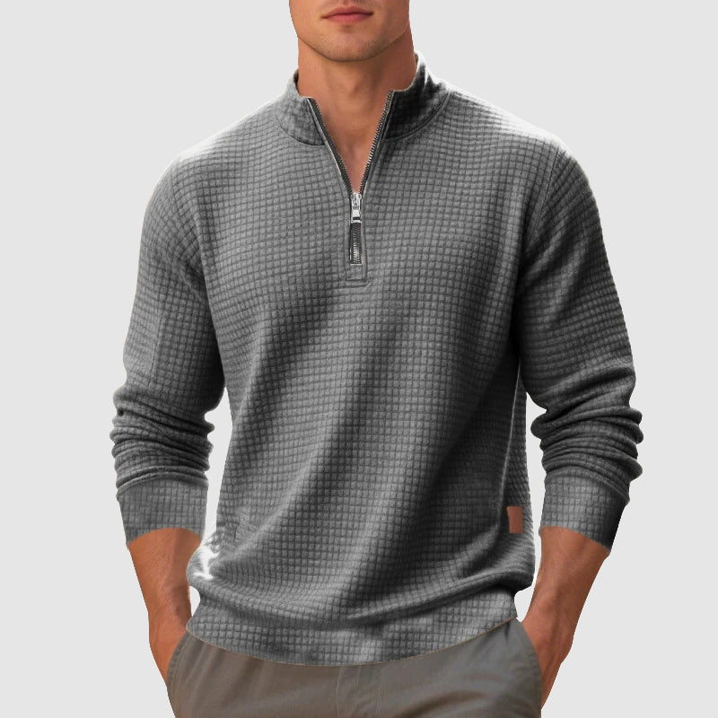Men's gray quarter zip mock neck sweatshirt with textured finish
