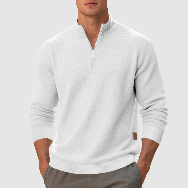 Men's gray quarter zip mock neck sweatshirt with textured finish