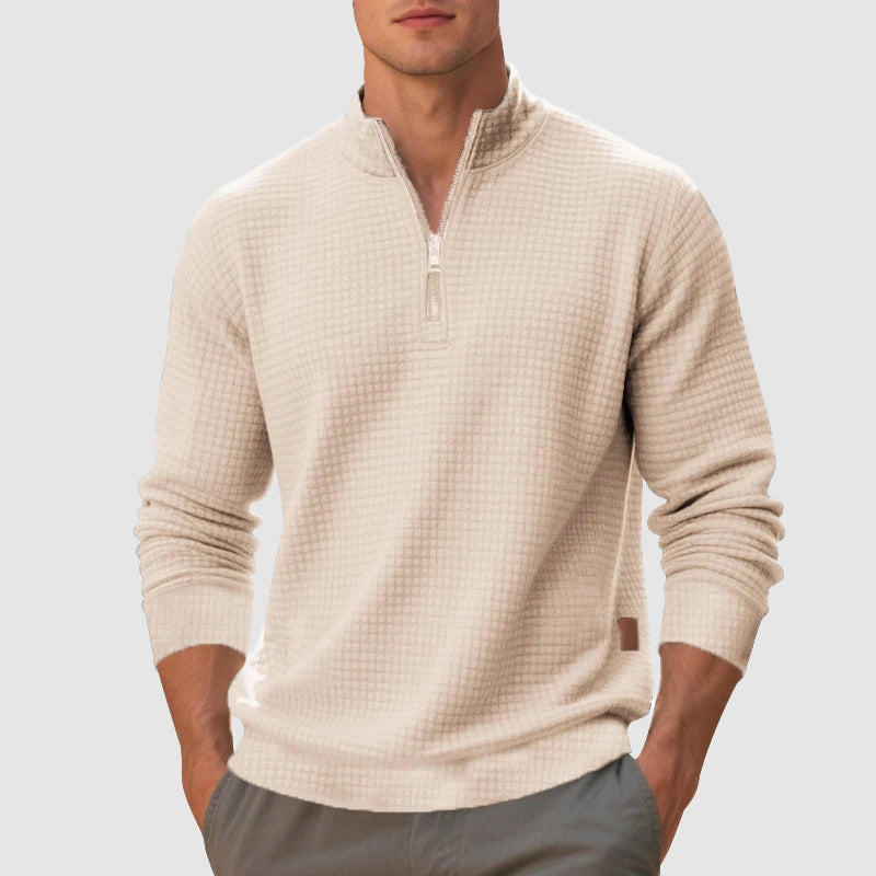 Men's gray quarter zip mock neck sweatshirt with textured finish