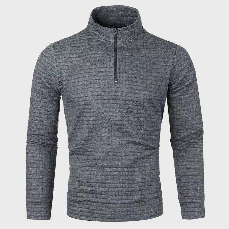 Men's black quarter zip mock neck sweatshirt with textured finish