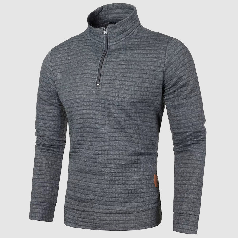 Men's black quarter zip mock neck sweatshirt with textured finish