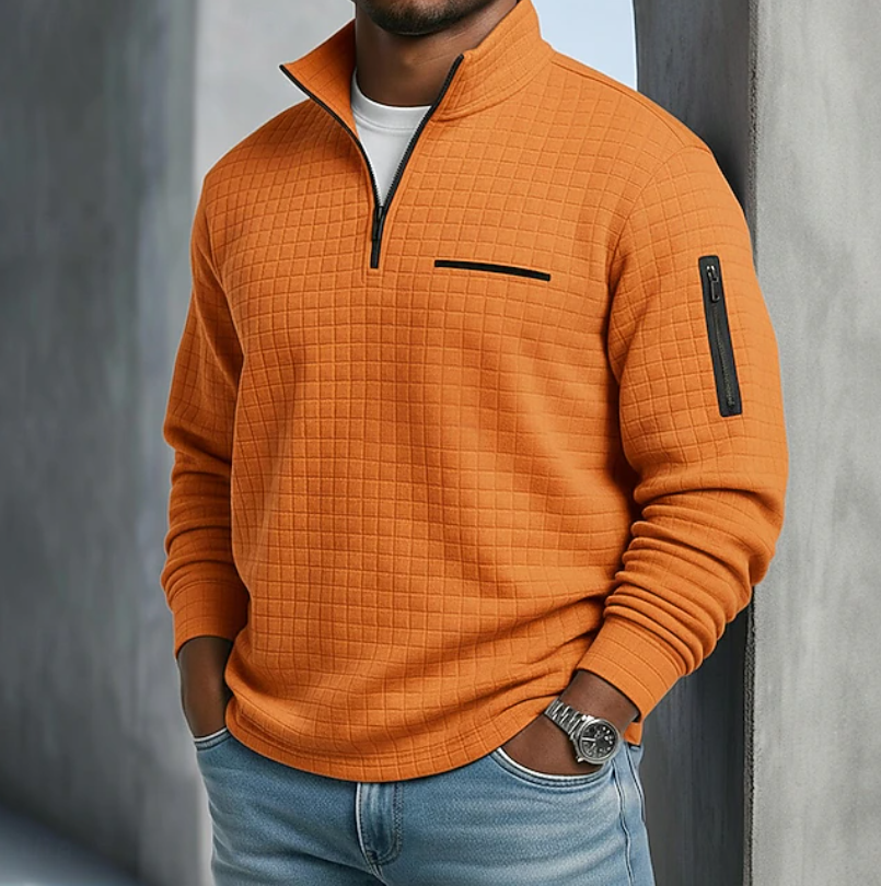 Men's quarter-zip waffle knit sweater in orange