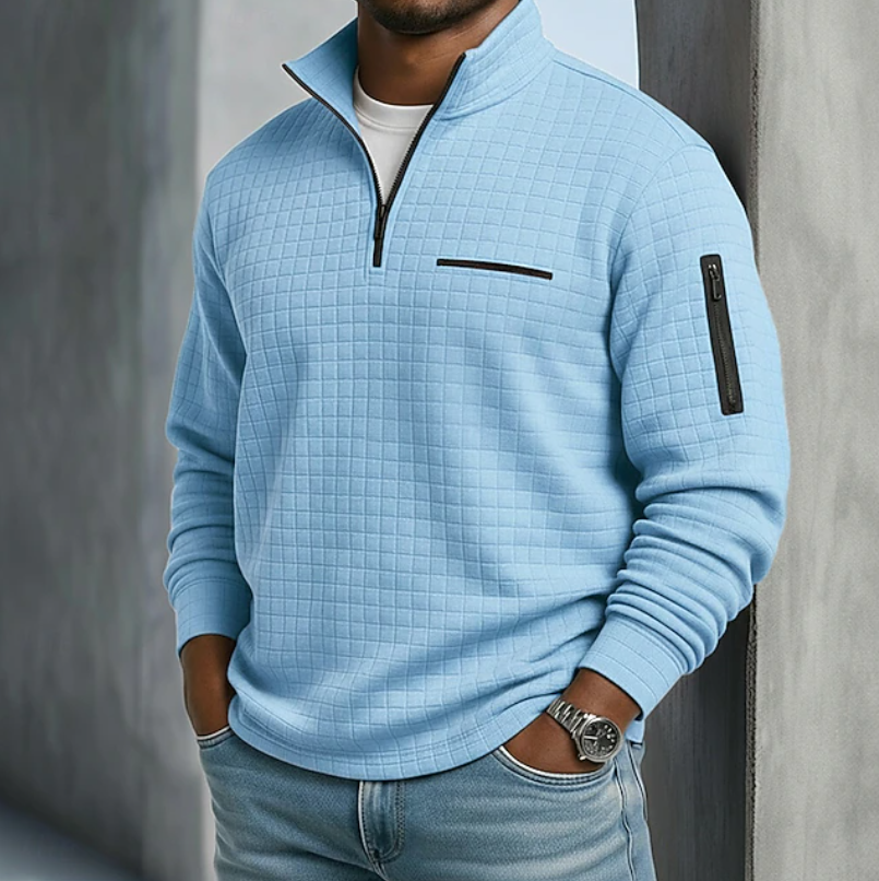 Men's quarter-zip waffle knit sweater in blue