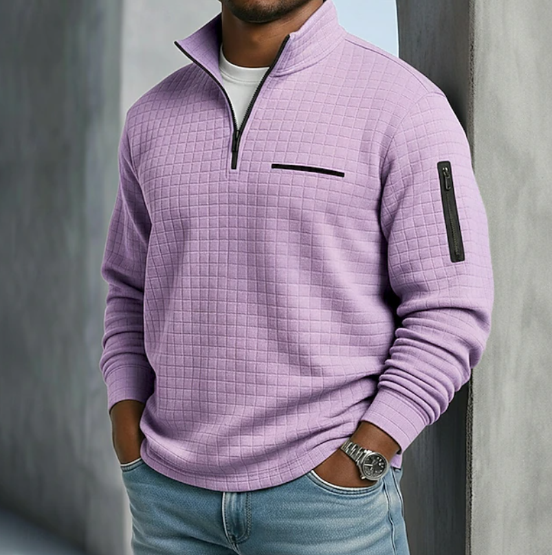 Men's quarter-zip waffle knit sweater in purple
