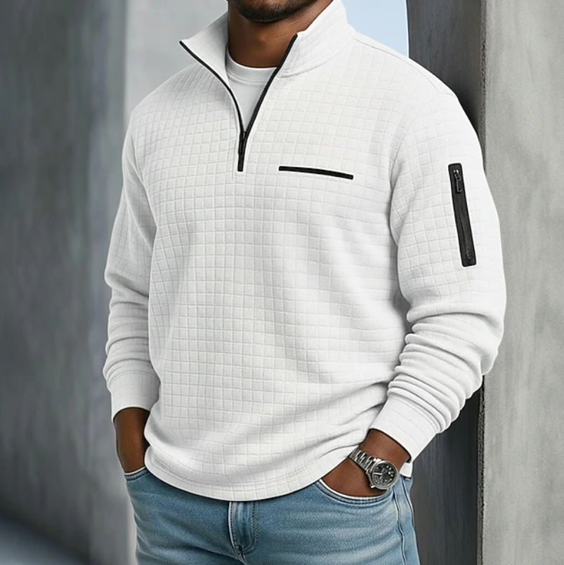 Men's quarter-zip waffle knit sweater in white
