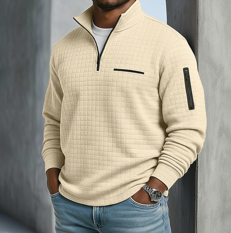 Men's quarter-zip waffle knit sweater in beige