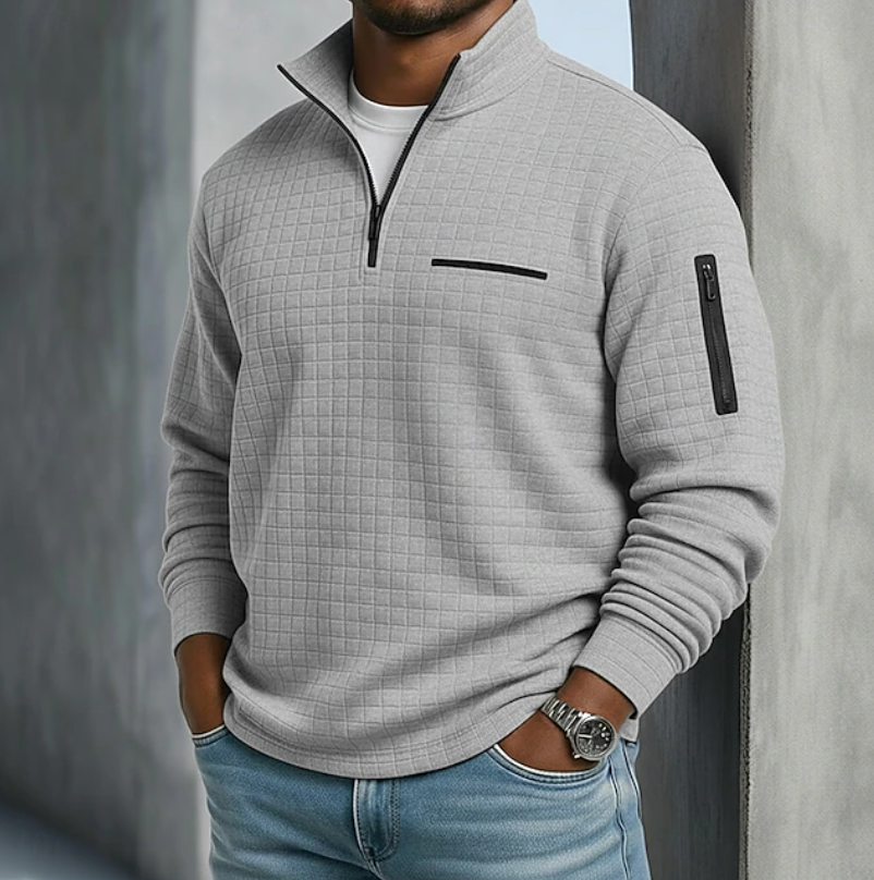 Men's quarter-zip waffle knit sweater in gray