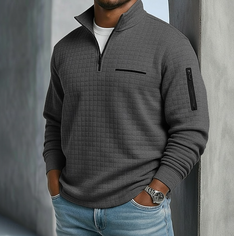 Men's quarter-zip waffle knit sweater in dark gray