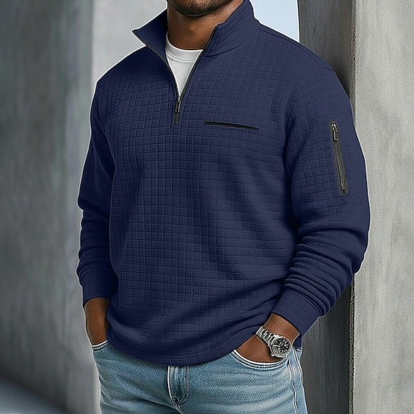Men's quarter-zip waffle knit sweater in navy blue
