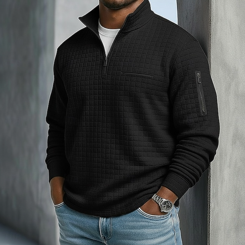 Men's quarter-zip waffle knit sweater in black