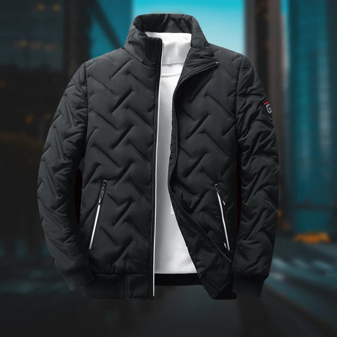 Men's black quilted zip-up jacket with stand collar