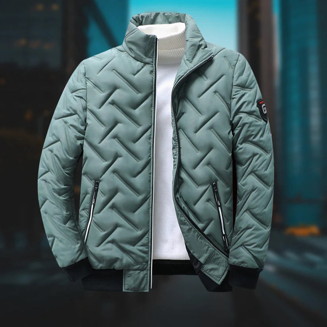 Men's black quilted zip-up jacket with stand collar