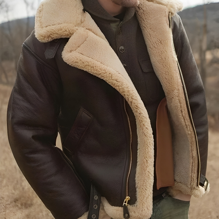 Men's shearling zip-up winter jacket in brown