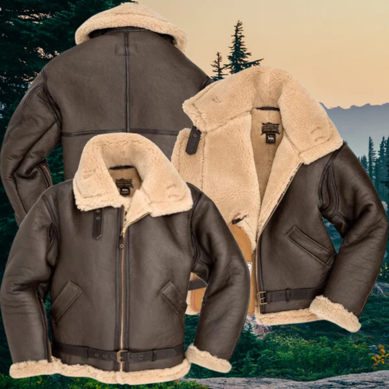 Men's shearling zip-up winter jacket in brown