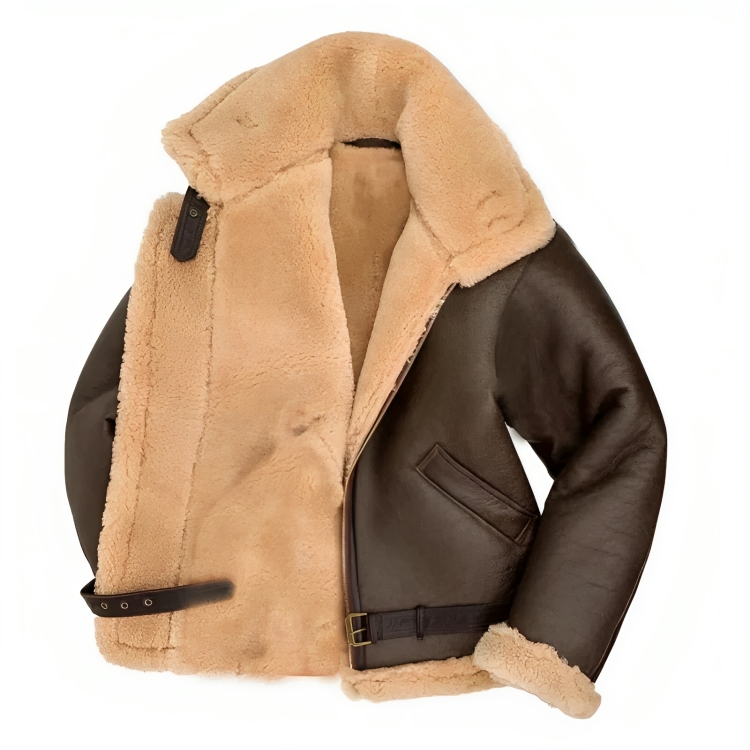 Men's shearling zip-up winter jacket in brown