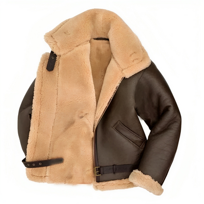 Men's shearling zip-up winter jacket in brown