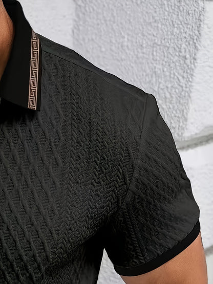 Men’s Textured Polo Shirt Short Sleeve Slim Fit Breathable Smart Casual Summer Top 2