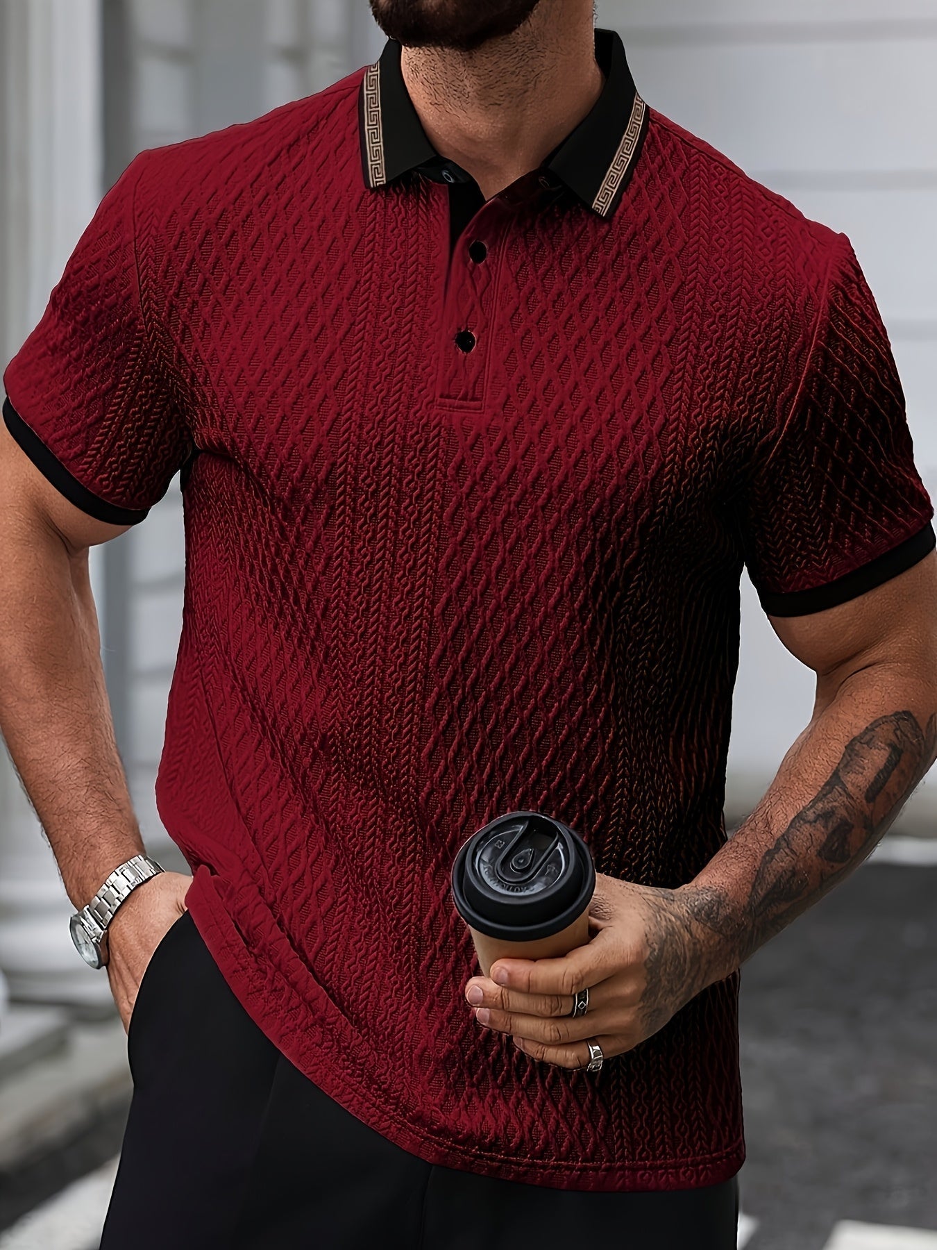 Men’s Textured Polo Shirt Short Sleeve Slim Fit Breathable Smart Casual Summer Top 5