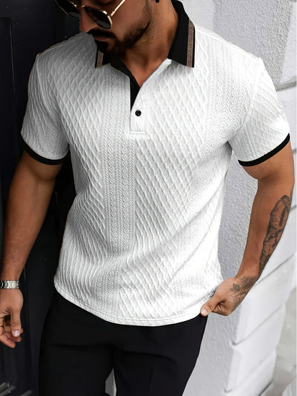 Men’s Textured Polo Shirt Short Sleeve Slim Fit Breathable Smart Casual Summer Top 7