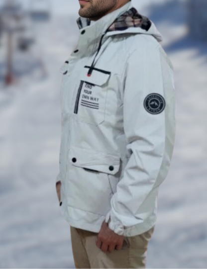 Men's waterproof winter jacket with removable hood in white