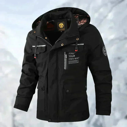 Men's waterproof winter jacket with removable hood in black