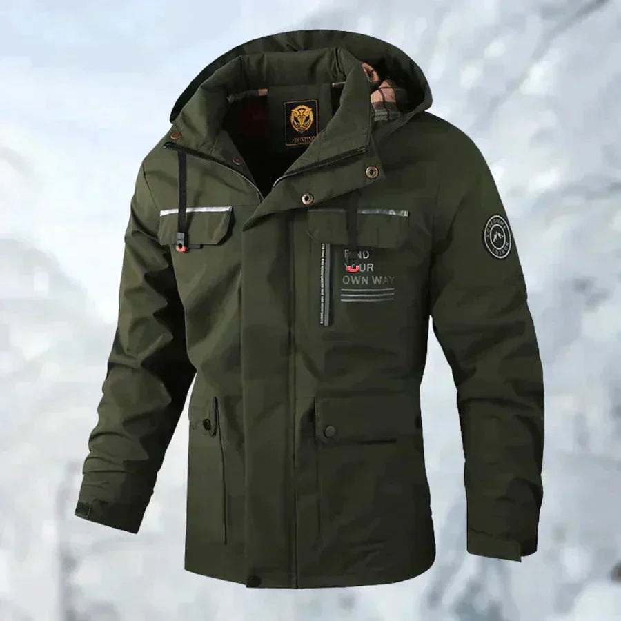 Men's waterproof winter jacket with removable hood in green
