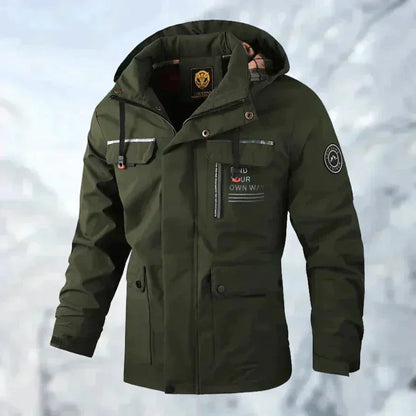 Men's waterproof winter jacket with removable hood in green