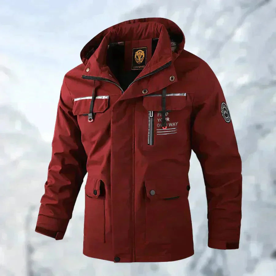 Men's waterproof winter jacket with removable hood in red