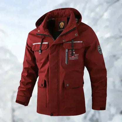 Men's waterproof winter jacket with removable hood in red