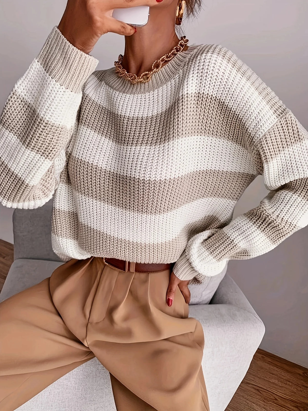 Women's Striped Sweater, Relaxed Winter Knit Top
