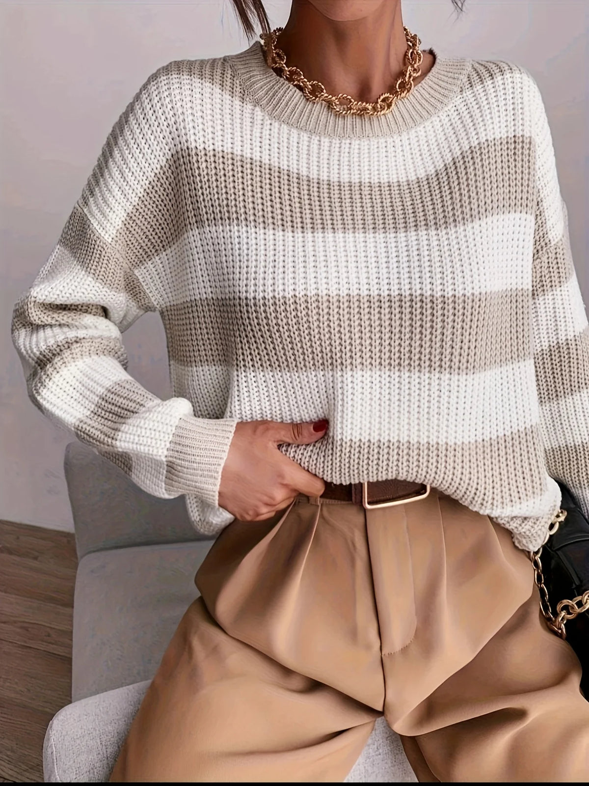 Women's Striped Sweater, Relaxed Winter Knit Top