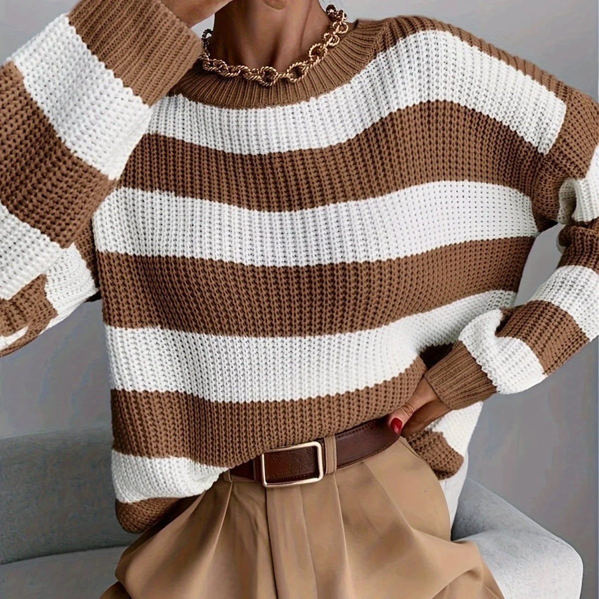 Women's Striped Sweater, Relaxed Winter Knit Top