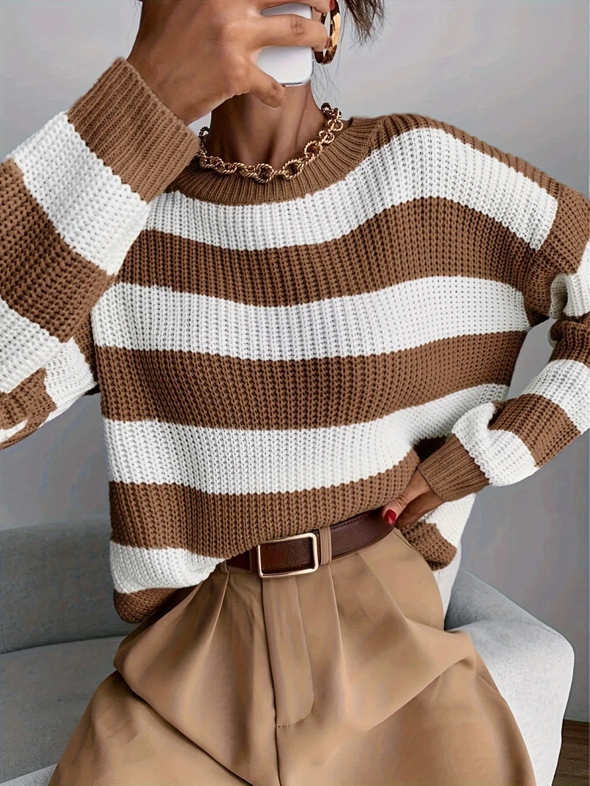 Women's Striped Sweater, Relaxed Winter Knit Top