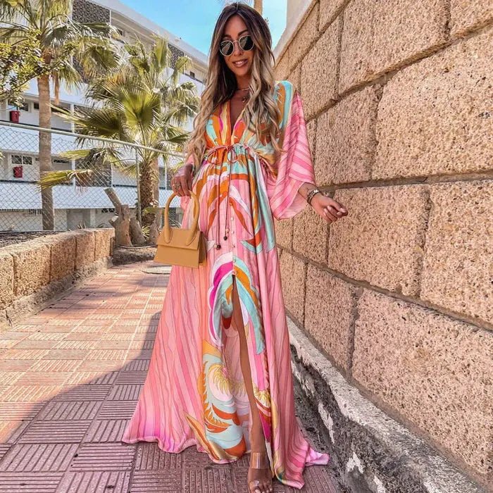 Women's light pink abstract print maxi dress with kimono sleeves